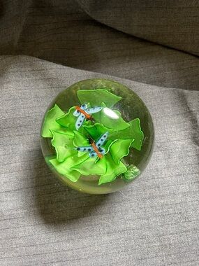 Handmade Green Glass Paperweight with Blue Dragonfly Art